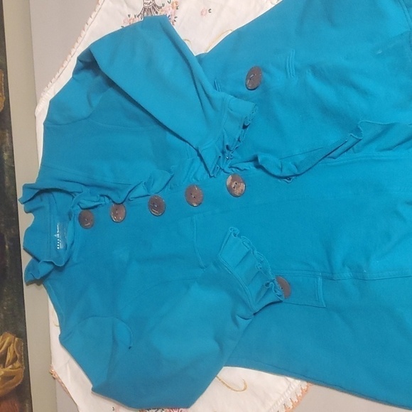 Neon Buddha Aqua Unique Buttons Long Stretch Lagenlook Sz XL Jacket w Pockets - Picture 12 of 14